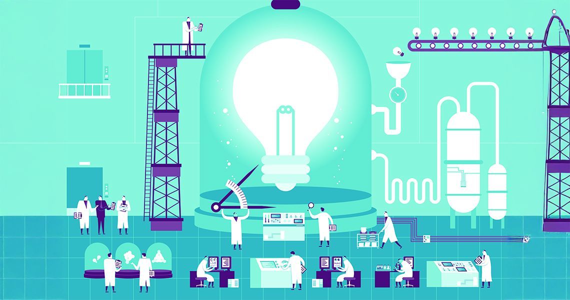 Illustration of doctors building a lightbulb representing innovation