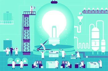 Illustration of doctors building a lightbulb representing innovation